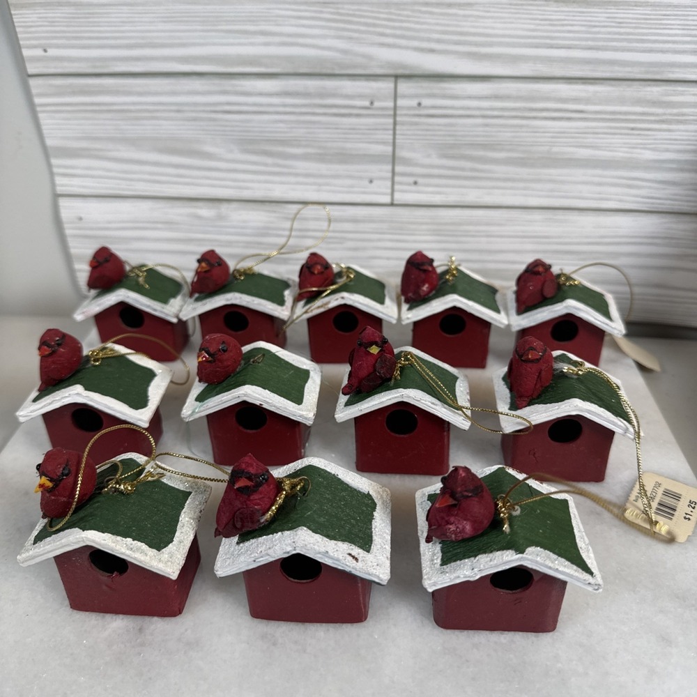 12 Bath & Body Works Cardinal Red Bird Wooden Birdhouse Christmas Ornament 2.5"